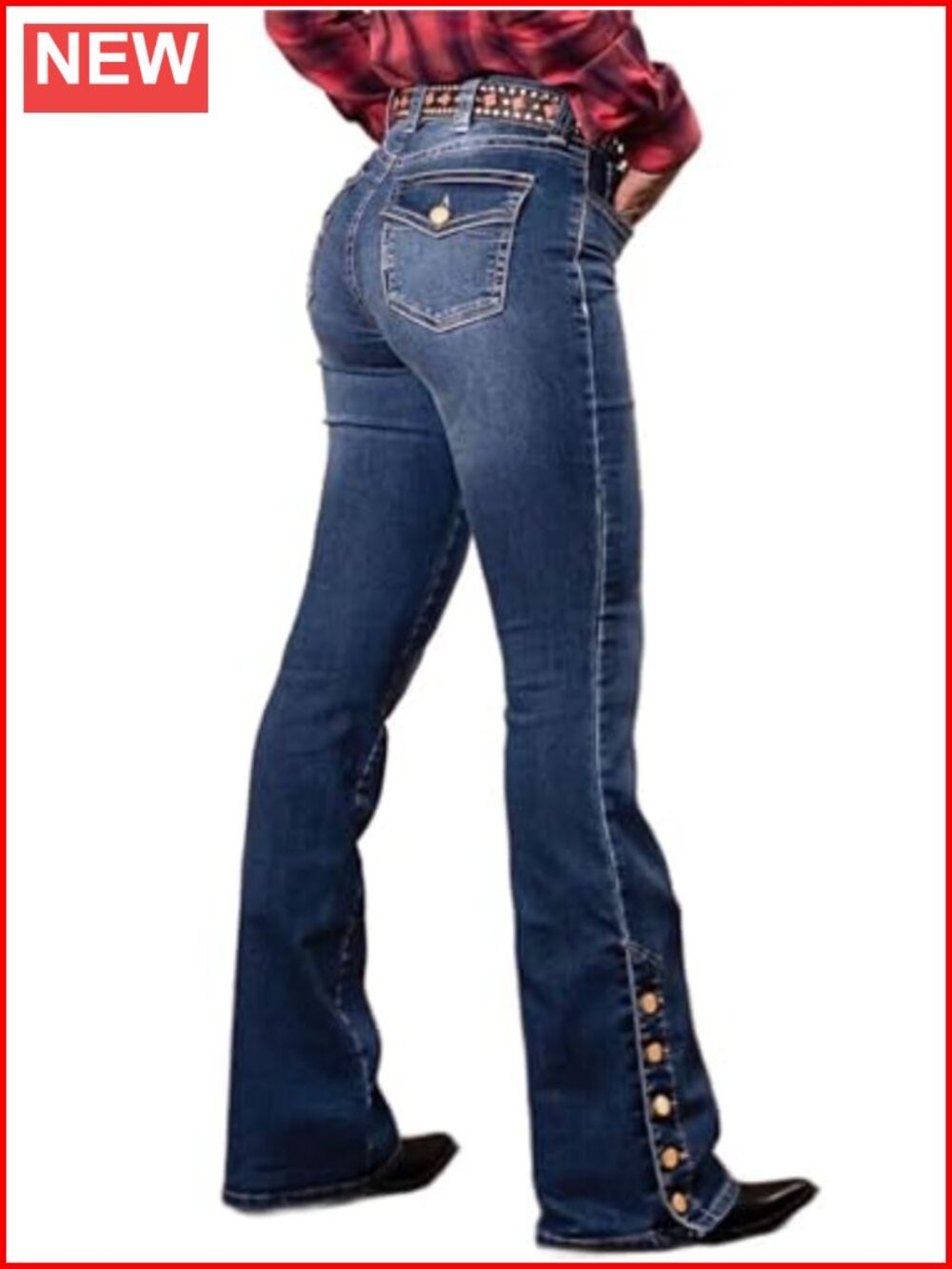 Women's Buttoned Hem Bootcut Jeans Stretch Flare Leg Pull On